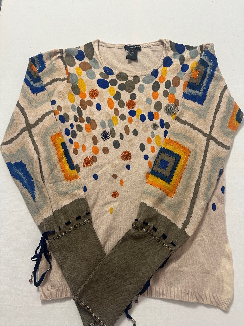 Jane Doe Crewneck Sweater with Multicolor Dot & Geometric Accents - Picture 2 of 8
